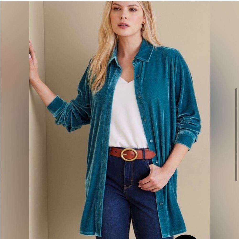 Soft Surroundings Teal Button-Up Women's Velvet Top PL